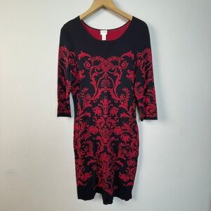 Chico's Black Red Damask Print Knit Dress 3/4 Sleeve Women's Size 2 Boho Chic